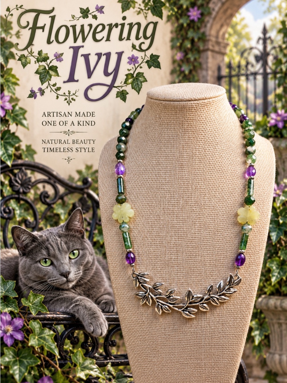 Flowering Ivy Moss Agate and Amethyst Necklace